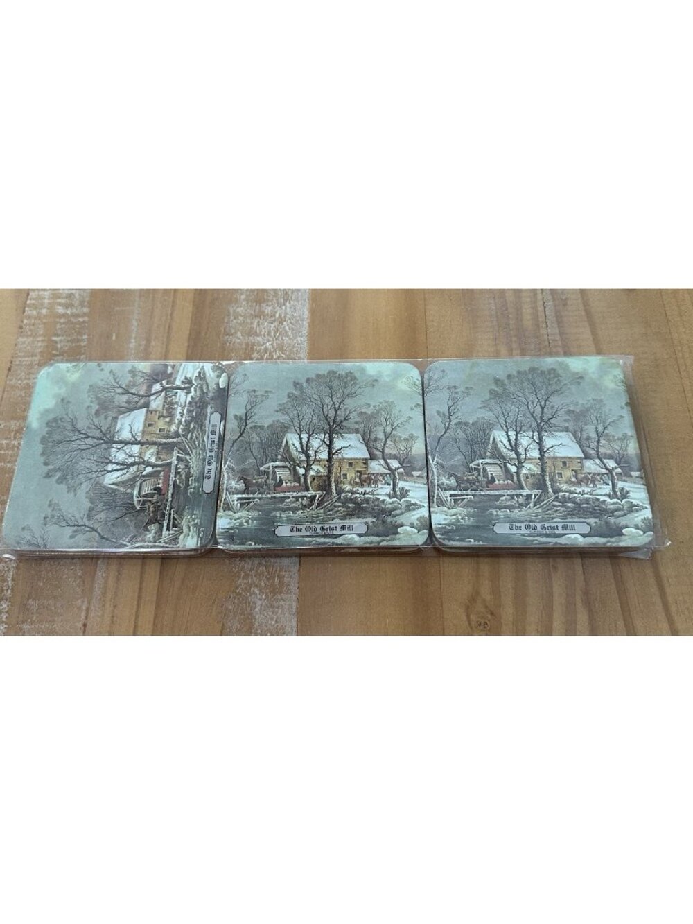 6 Vintage Currier & Ives "The Old Grist Mill" Drink Coasters Cork Christmas